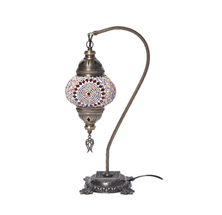 18 in. Handmade Swan Neck Multicolor Center Circle Mosaic Glass Table Lamp with Brass Color Metal Base