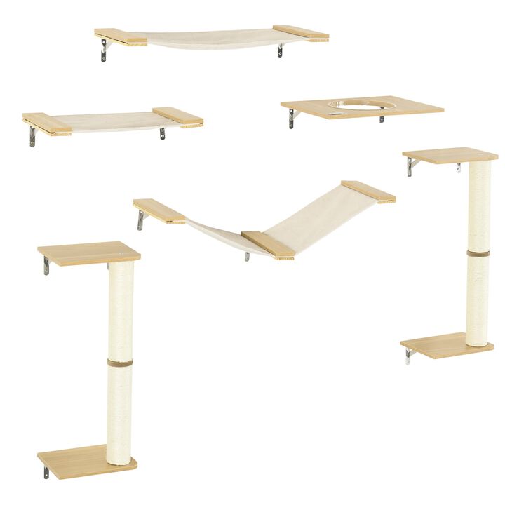 6PCs Cat Wall Shelves Pet Wall-mounted Climbing Shelf Set with Scratching Posts Jumping Platforms Ladder Oak