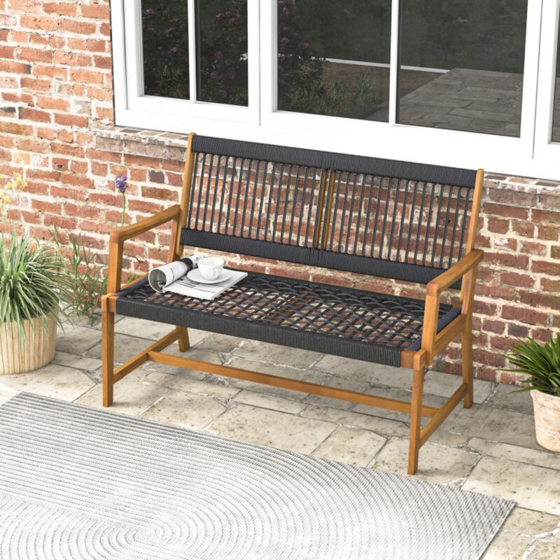 Hivvago Outdoor Acacia Wood Bench with Rope Woven Backrest and Armrests for 2-Person
