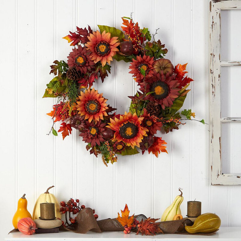 Nearly Natural 24-in Autumn Sunflower, Pumpkin, Pinecone and Berries Fall Artificial Wreath