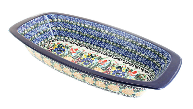 Blue Rose Polish Pottery Summer Blooms Long Serving Dish