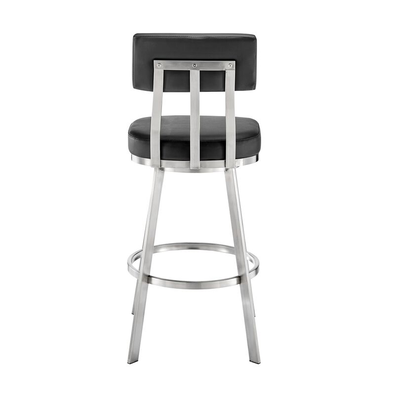 Poni 30 Inch Swivel Barstool Chair, Cushioned Seating, Black Faux Leather - Benzara