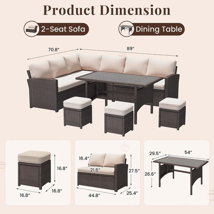 Mondawe 7 Pieces Patio Furniture Set Outdoor Sectional Sofa Conversation Set Brown Rattan Ottomans for Deck Garden Backyard