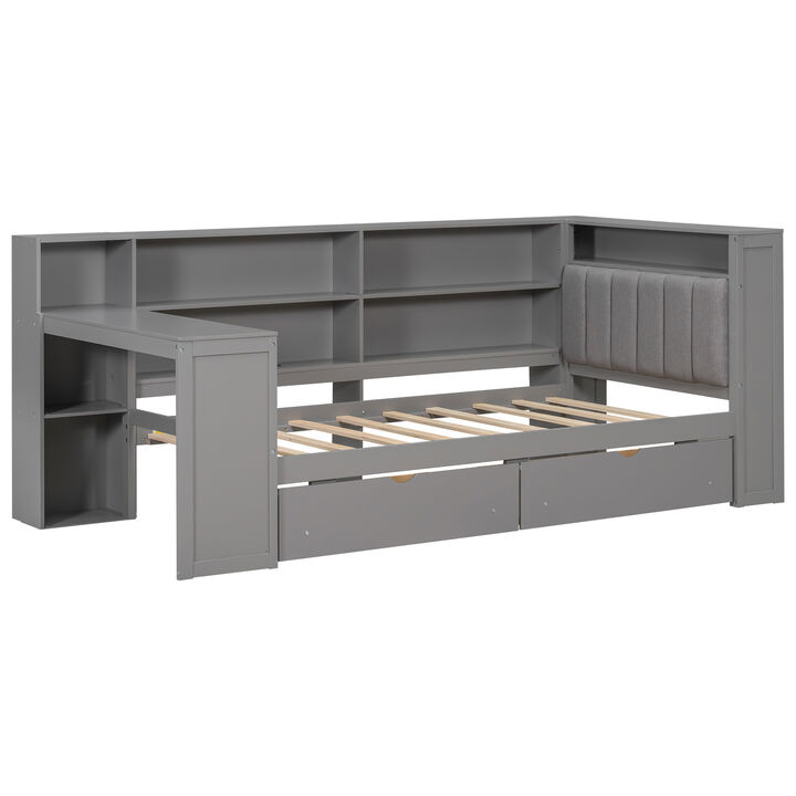 Whisen Twin Size Platform Bed with Storage Shelves, Drawers & Charging Station, Solid Wood+MDF with LED & Desk, Upholstered Headboard for Bedroom