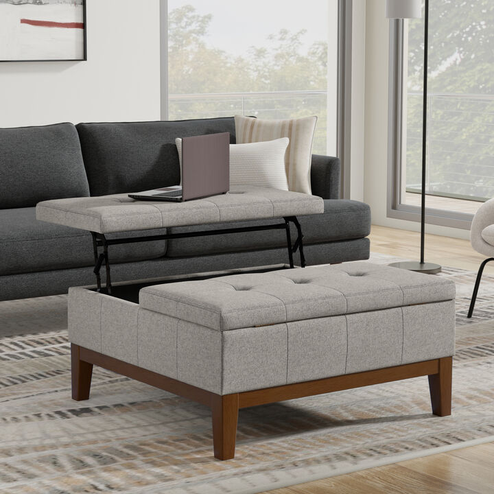 Dover 36 inch Wide Contemporary Square Lift Top Coffee Table Storage Ottoman in Cloud Grey Polyester Linen, Assembled