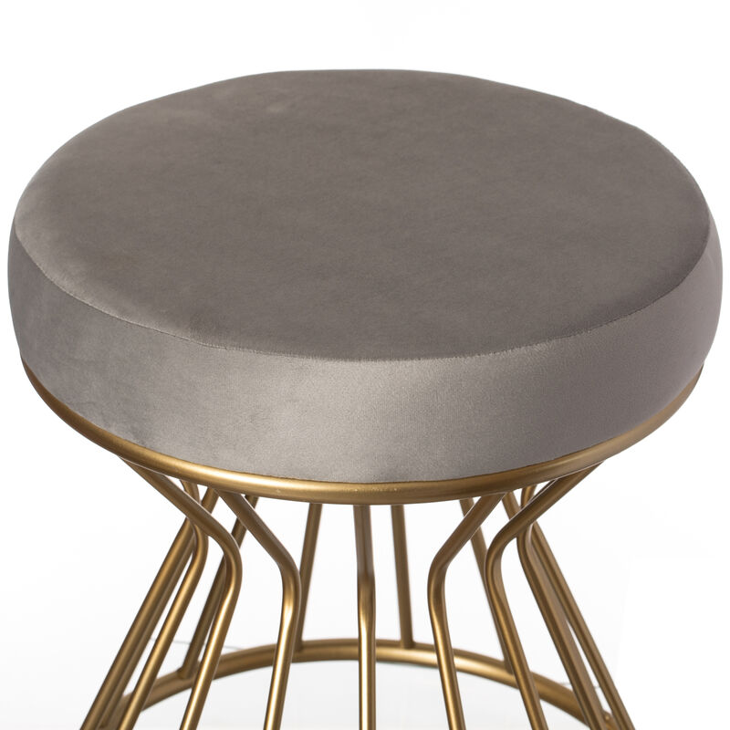 Modern Round Velvet Stool with Bent Gold Metal Base Standard Ottoman, Grey