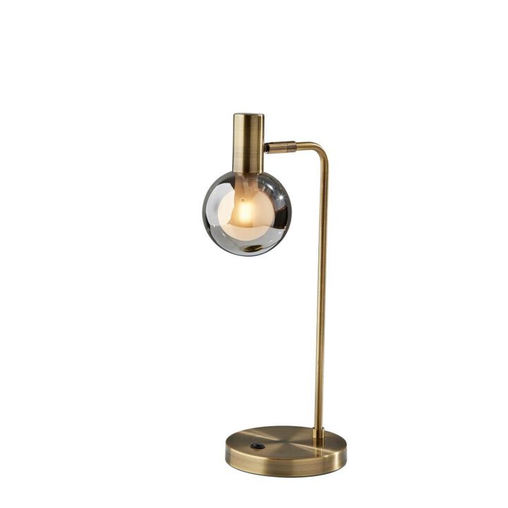 Hivvago 18" Antiqued Brass Metal Cylinder Desk Table Lamp With Gray Globe Shade With Starling LED Bulb