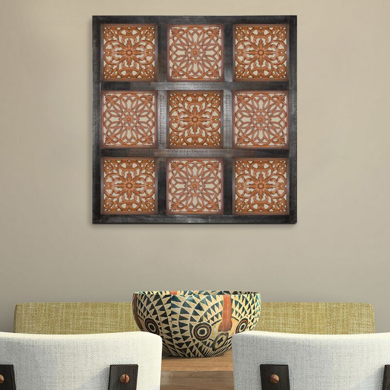 Decorative Mango Wood Wall Panel with Cutout Flower Pattern, Brown-Benzara