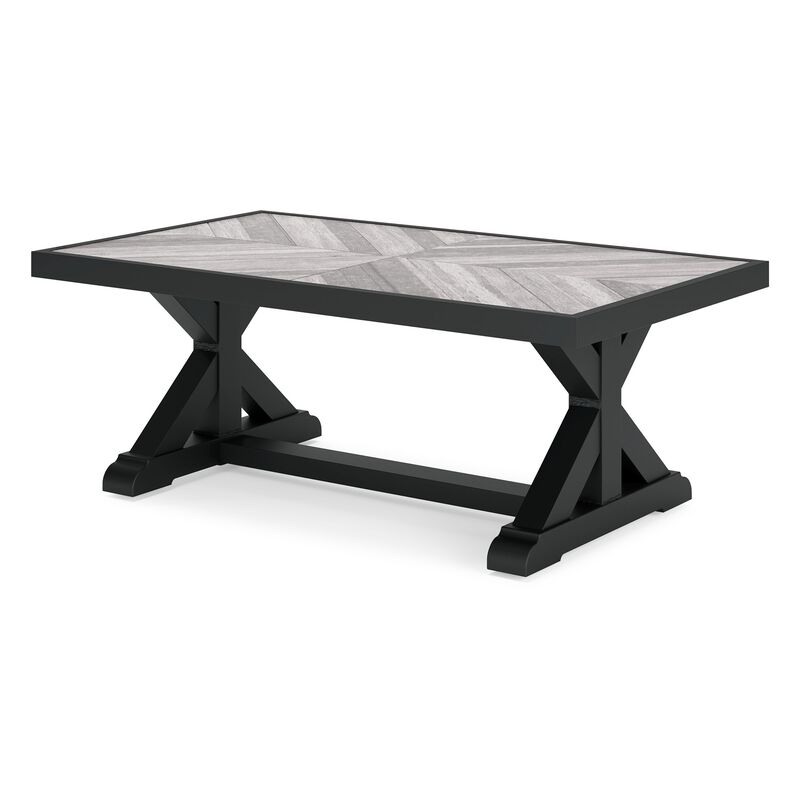 Tira 48 Inch Outdoor Coffee Table, Tile Top, Black, Light Gray Finish - Benzara