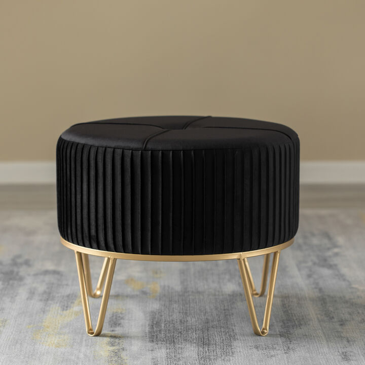 Round Velvet Ottoman Stool Raised with Hairpin Gold Base, Black, Medium