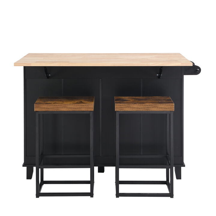 Farmhouse Kitchen Island Set with Drop Leaf and 2 Seatings,Dining Table Set with Storage Cabinet, Drawers and Towel Rack, Black+Rustic Brown