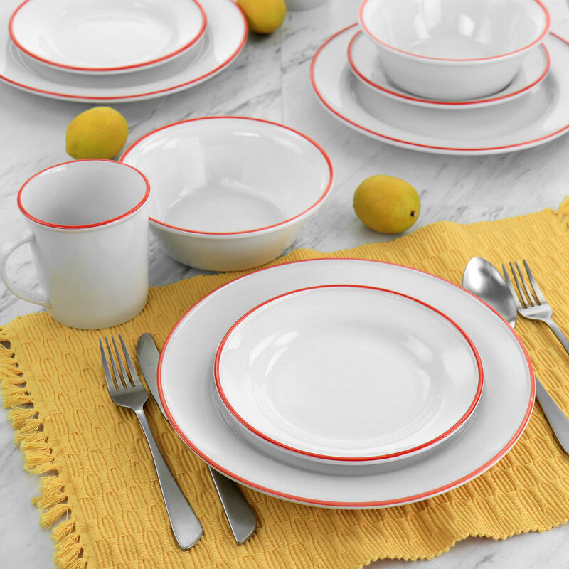 Martha Stewart Red Rimmed Fine Ceramic 16 Piece Dinnerware Set