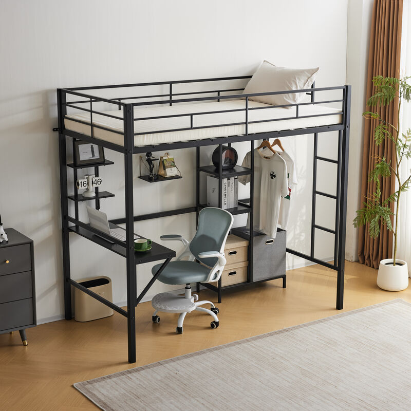 Heavy-Duty Loft Bed with Desk, Storage Shelves, Guardrails & Dual Ladders, No Box Spring Needed image number 6