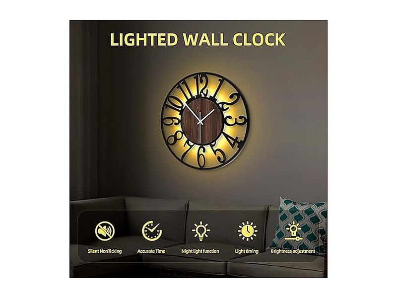 Large Wall Clock 20 Lighted Rustic Wood Remote Timer Silent Battery Operated image number 3