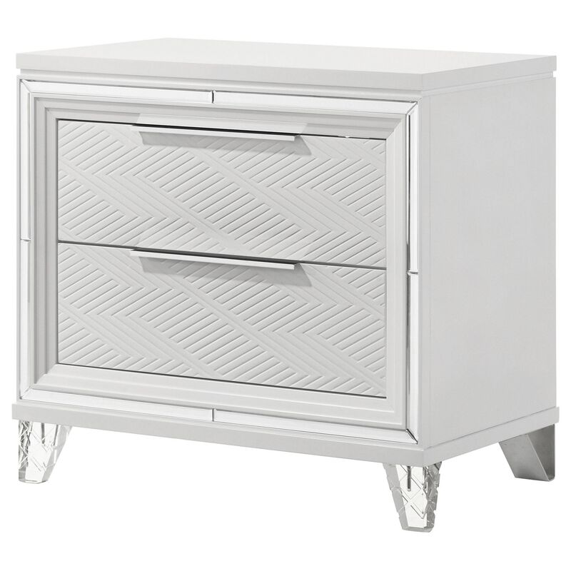 Mory Nightstand, 2 Drawers, Embossed Herringbone Pattern White, Chrome - Benzara