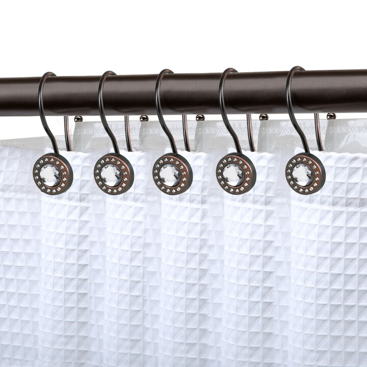 Utopia Alley Rust-Resistant Metal Double Shower Curtain Hooks with Large Center Crystal, Shower Hooks Hangers for Bathroom, Kitchen Utensils, Curtains, Clothing, Towels etc - Set of 12