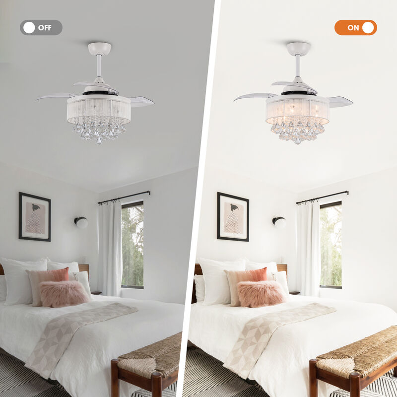 36 in. White Retractable 3 Blades Crystal Ceiling Fan Chandelier with Remote