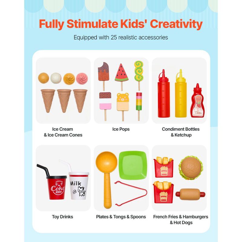Kids Wooden Ice Cream Cart Playset, 20+ PCS Pretend Play Truck with Accessories image number 5