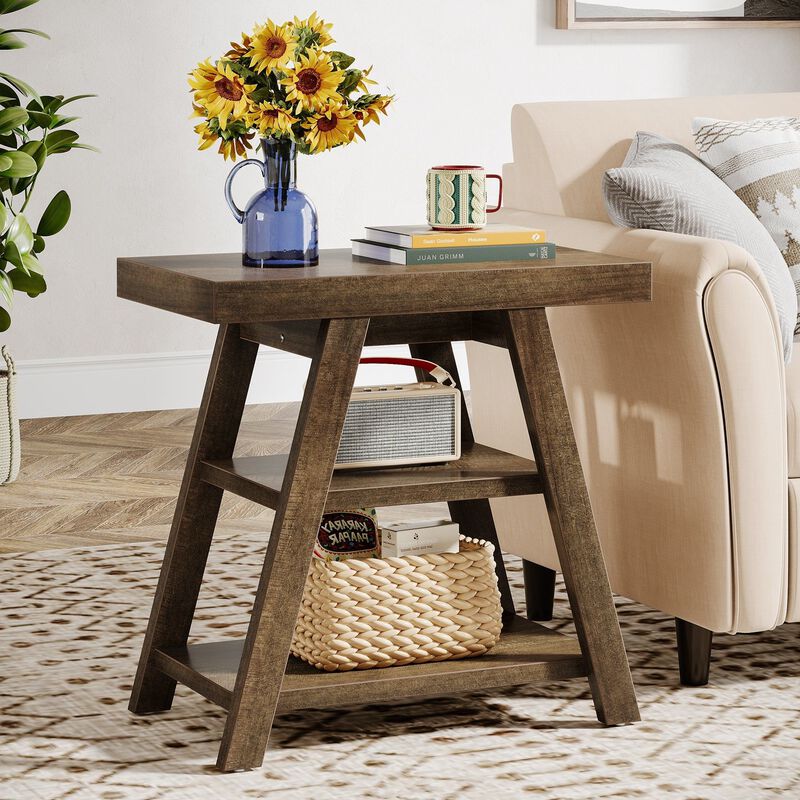 3-Tier Wood Side Table with Storage Shelf, End Table for Bedroom & Living Room - Rustic Brown image number 1