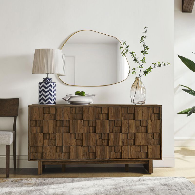 Modway Owen 4-Door Modern Carved Geometric Sideboard in Walnut - 59 Inch Buffet Cabinet with Adjustable Shelves &ndash; Living Room or Dining Room Storage Credenza image number 8