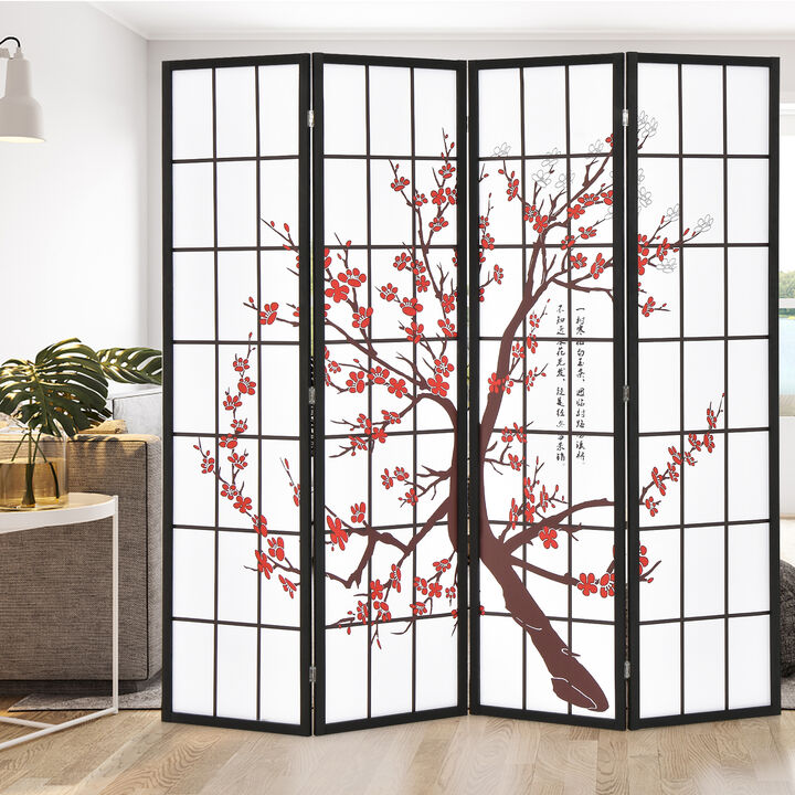 6FT Folding Decorative Oriental Privacy Screen with Plum Blossom Design for Home Office-White