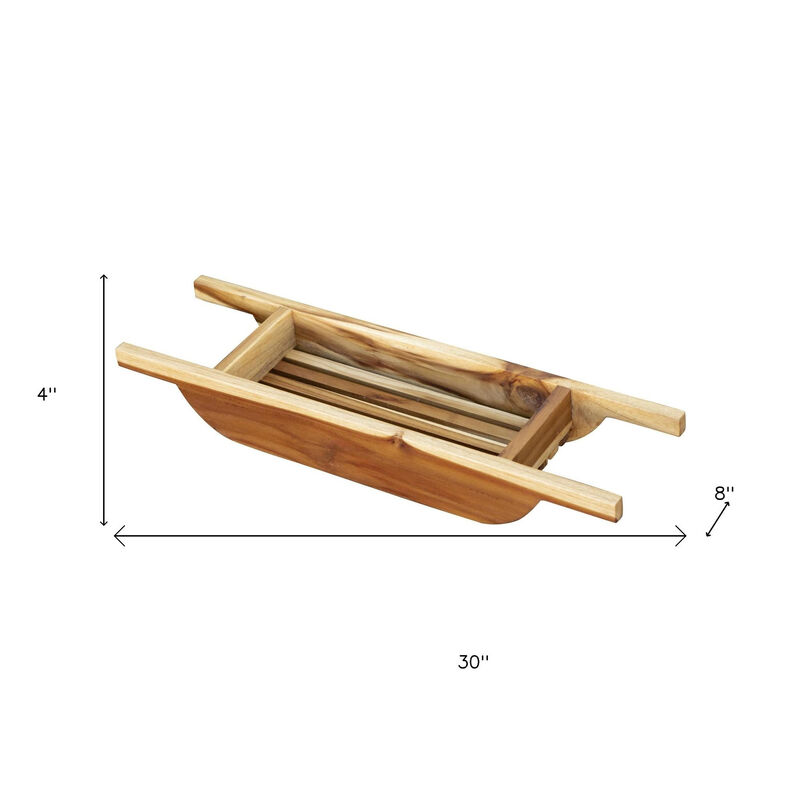 HomeRoots 4" X 30" Natural Teak Over Tub Rectangular Bath Caddy Shelf image number 3
