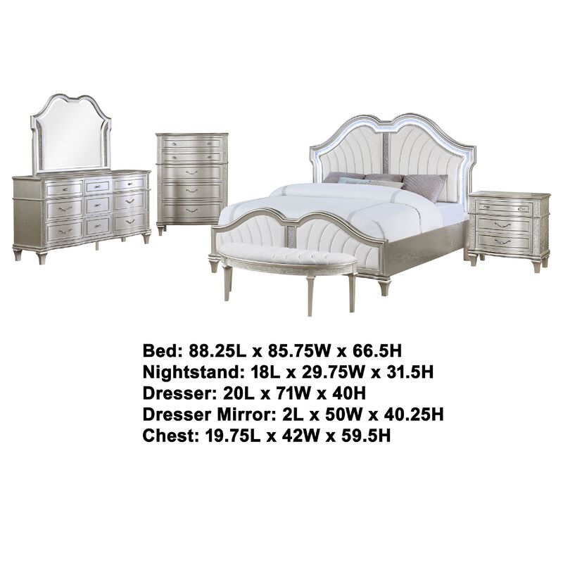 Nive 5pc King Bedroom Set, Silver, Ivory Channel Tufted Upholstery