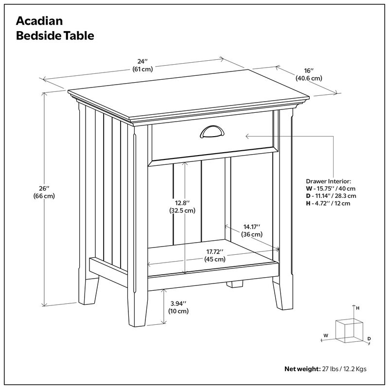 Acadian SOLID WOOD 24 inch Wide Transitional Bedside Nightstand Table in Brunette Brown