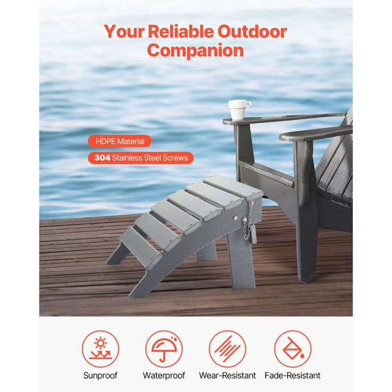 Outdoor Adirondack Ottoman, HDPE Plastic Foot Rest for Porch, Pool & Backyard - Grey image number 7