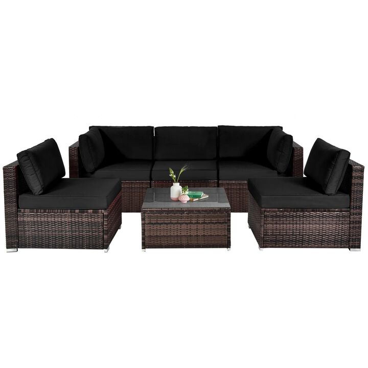 Mondawe Modular 7-Pcs Design PE Rattan Sofa Set,With 50K BTU Fire Pit & Detachable Cushions Chair