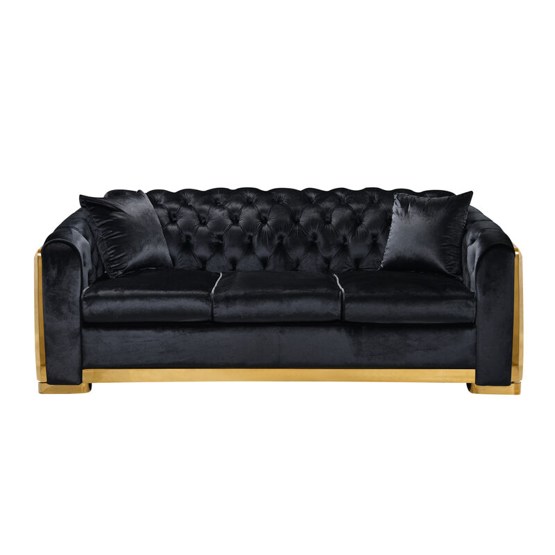 Tufted Velvet Sofa Set, Black with Gold Stainless.