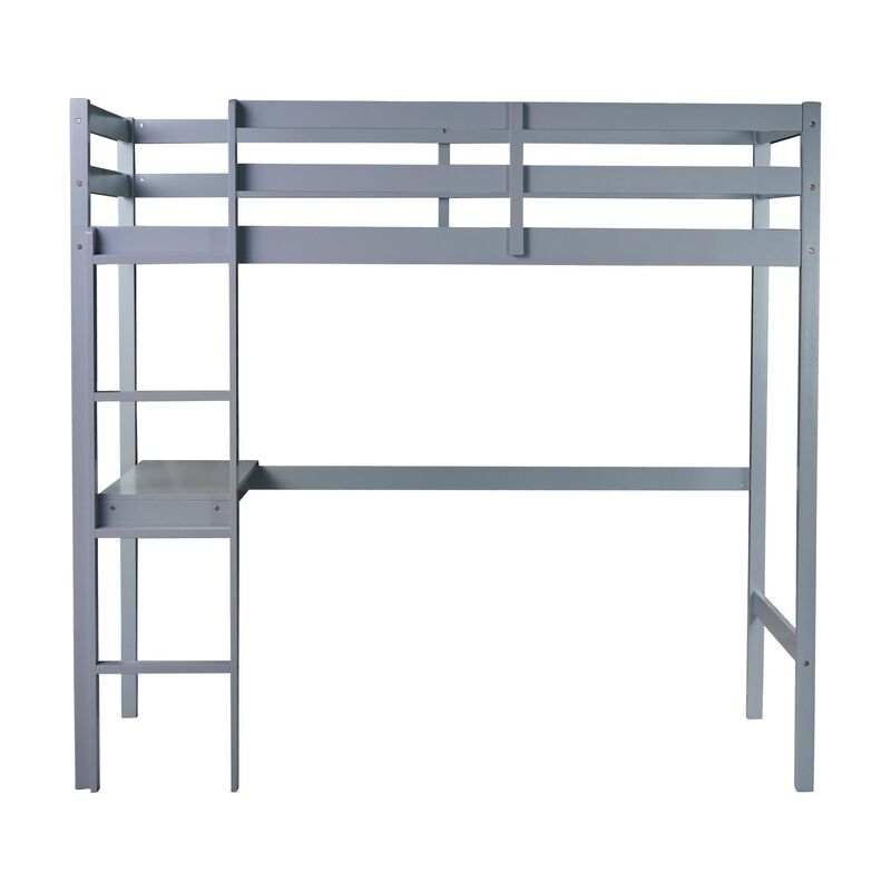 Whisen Twin High Loft Bed, Rubber Wood Loft Bed with Ladder, Safety Guardrail and built-in desk - Gray