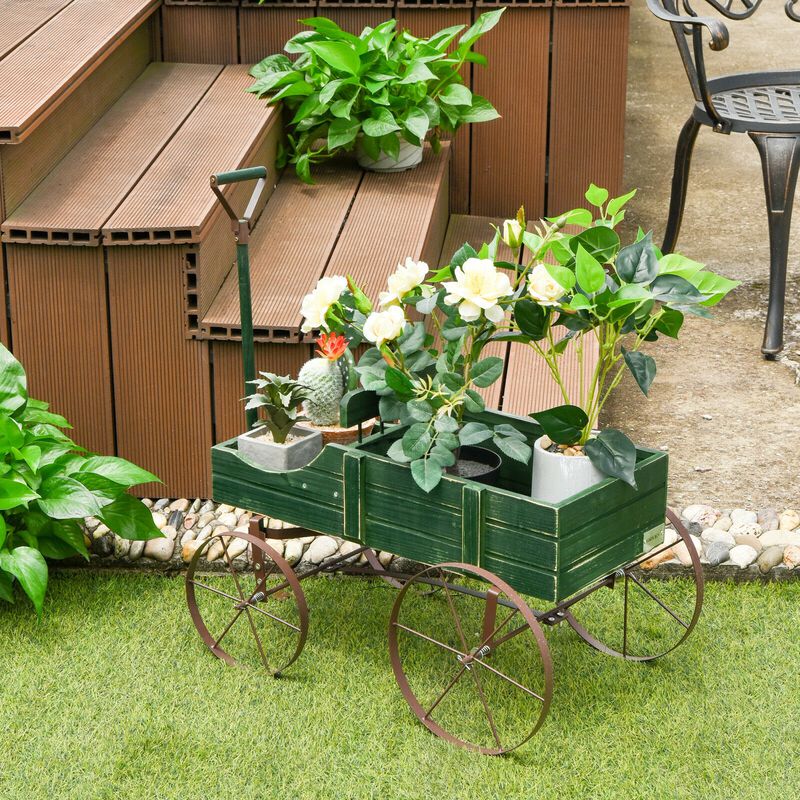 Wooden Wagon Plant Bed With Wheel for Garden Yard