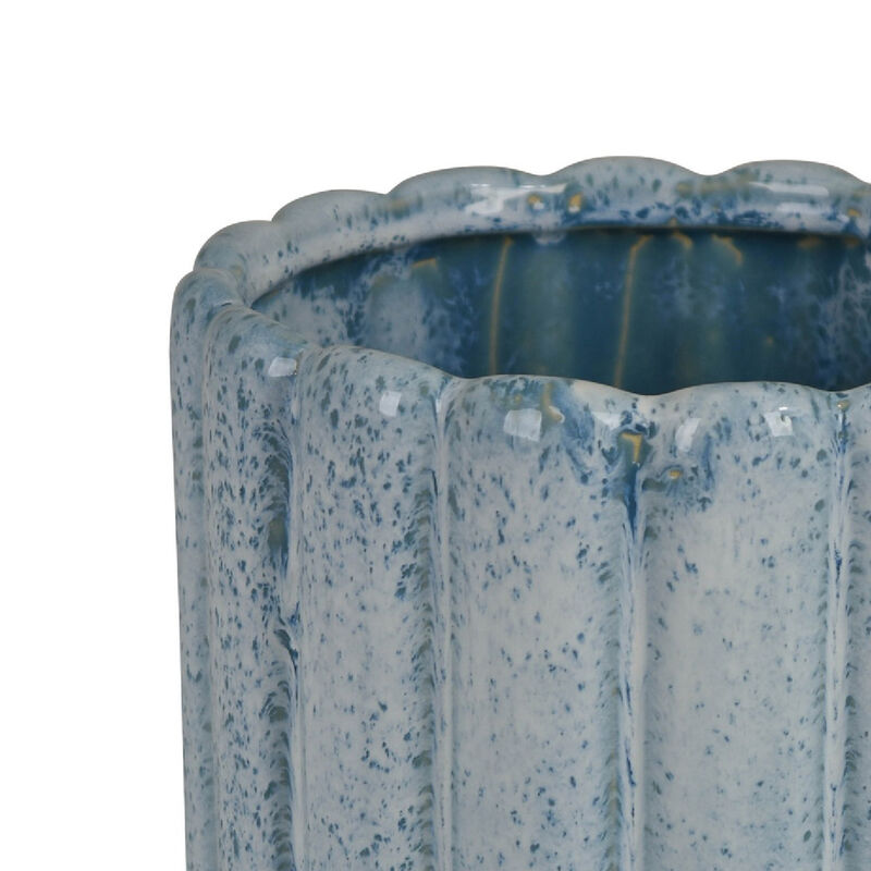 Scalloped Planter, Cylindrical Shape, Speckled Blue Ceramic 11 Inch image number 4