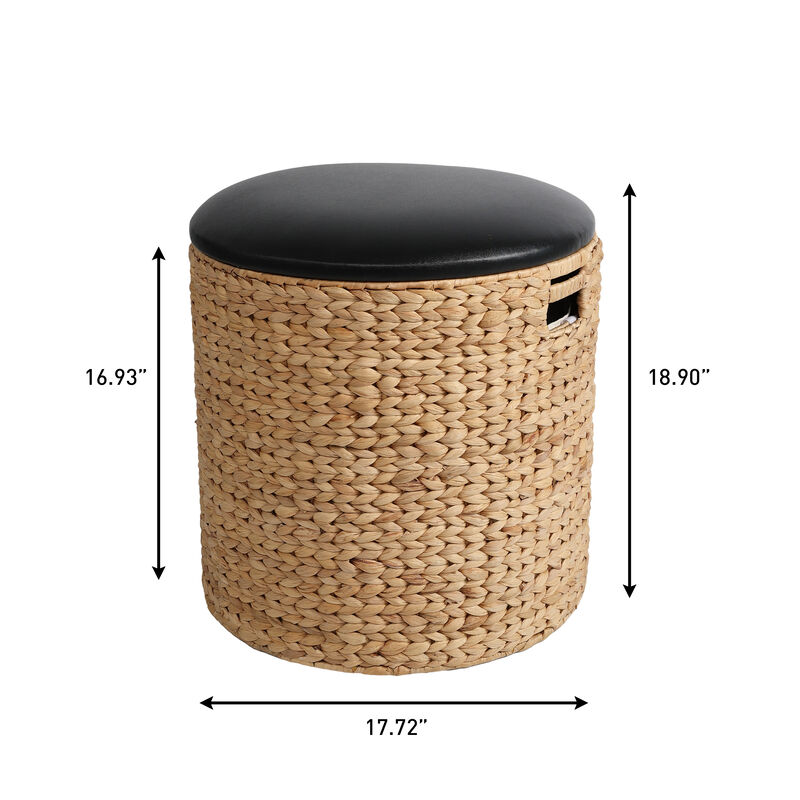 Josie 18" Modern Coastal Hand-Woven Hyacinth Storage Ottoman with Lid