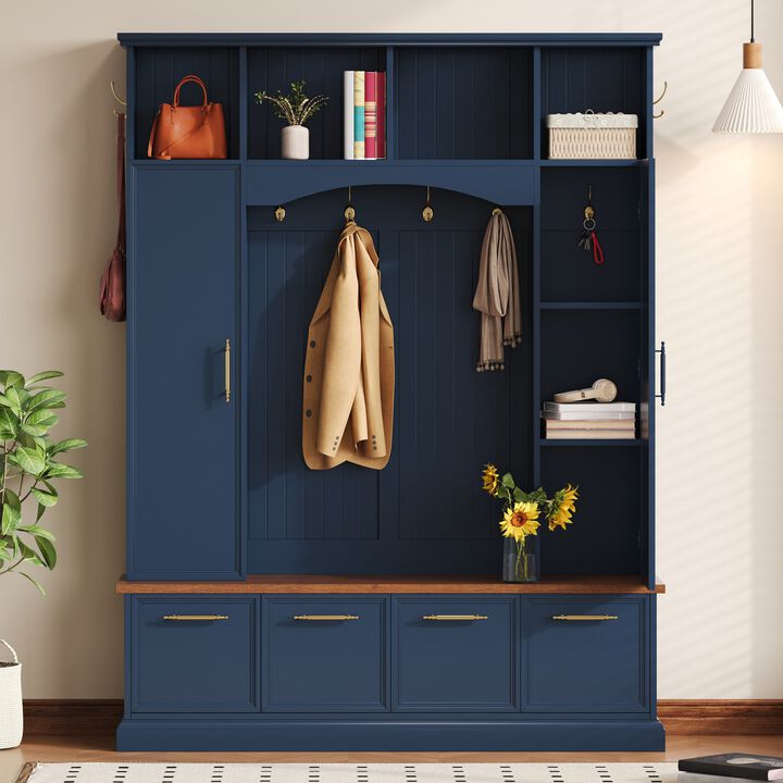 Merax Farmhouse Hall Tree with Gold-Tone Handles, Upper Cabinets with Hooks & Adjustable Shelves