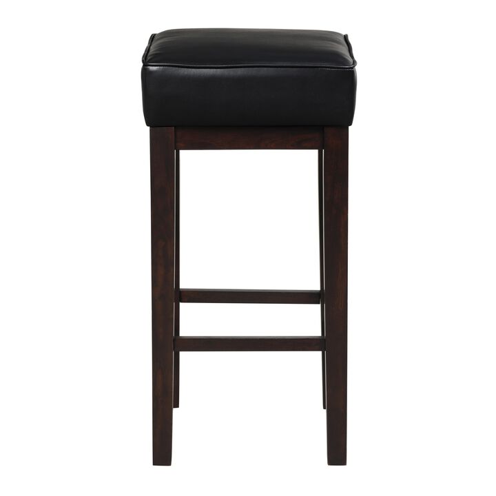 Vin 31 Inch Bar Height Stool, Black Faux Leather Seat, Dark Brown, Set of 2 - Benzara