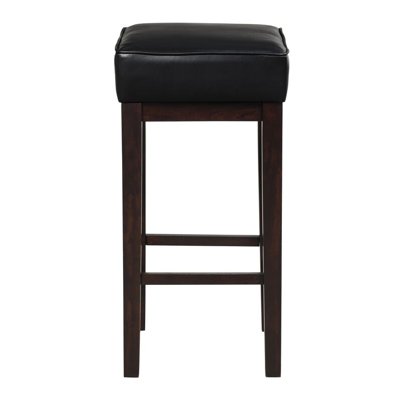Vin 31 Inch Bar Height Stool, Black Faux Leather Seat, Dark Brown, Set of 2 - Benzara image number 1
