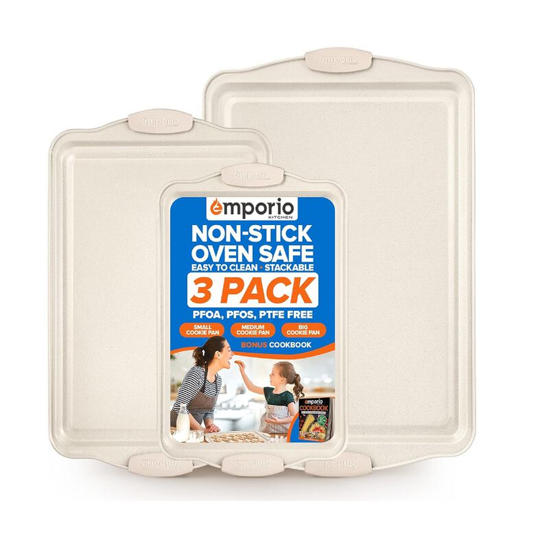 Baking Pan Set - Nonstick Coating, Carbon Steel Bakeware Set with White Silicone Handle, PFOA, PFOS, PTFE Free, Recipe Booklet Included, Oven Safe Tray (Up To 450&deg; F), Set of 3 - White