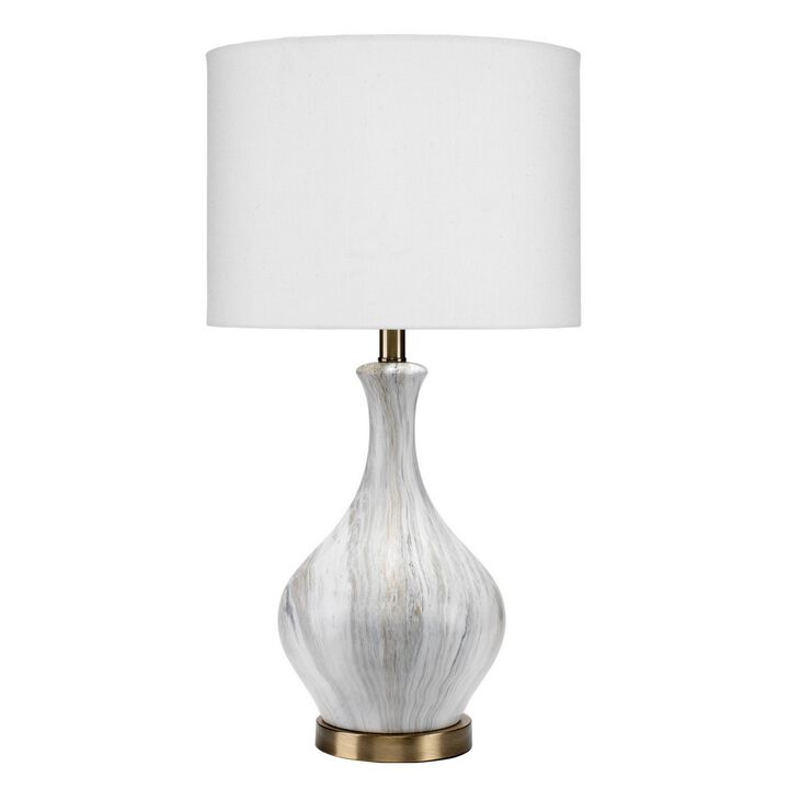 Table Lamp with Gourd Shaped Ceramic Body, White and Brass-Benzara