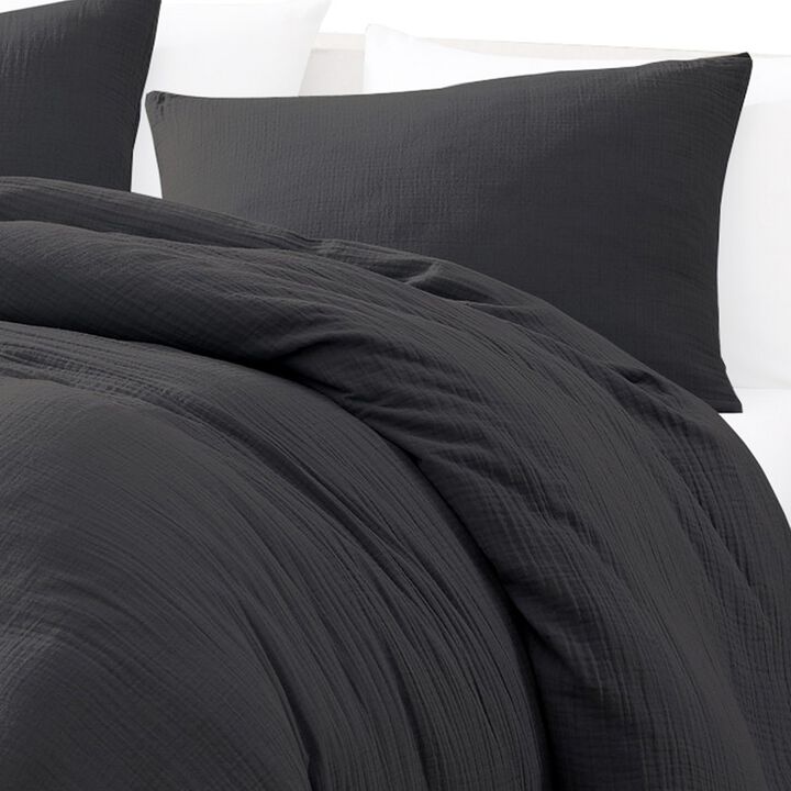 Uvi 3 Piece Queen Comforter Set, Cotton, Natural Crinkled Texture, Black - Benzara