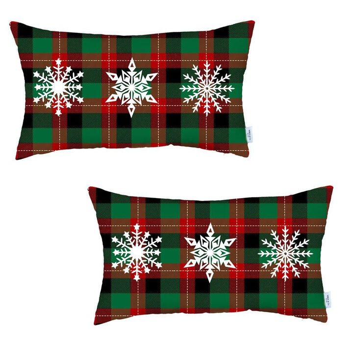 Homezia Set of 2 Christmas Snowflake Trio Plaid Lumbar Throw Pillows