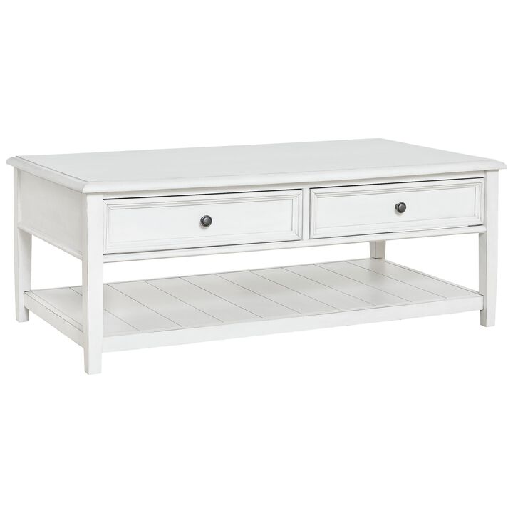 50 Inch Modern Rectangular Coffee Table with 2 Drawers in Classic White-Benzara