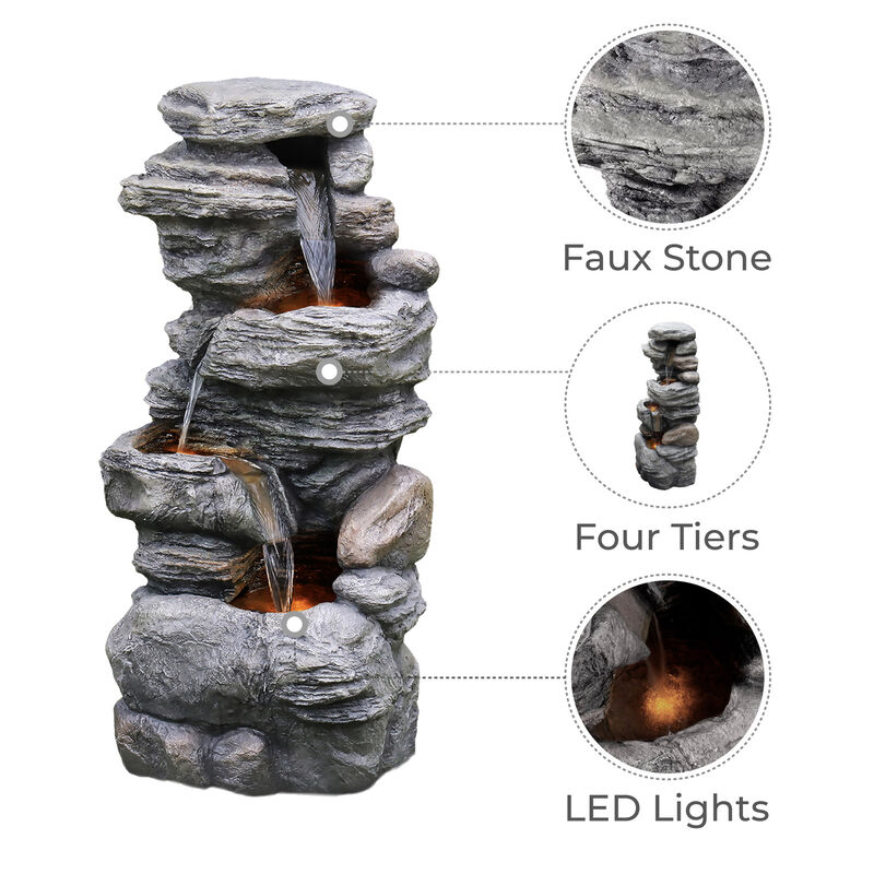 Outdoor Faux Stone 4-Tier Water Fountain with LED, Gray image number 2