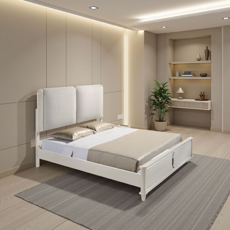 Veda Queen Size Bed with LED, Pearl White, Gray Boucle Upholstered - Benzara