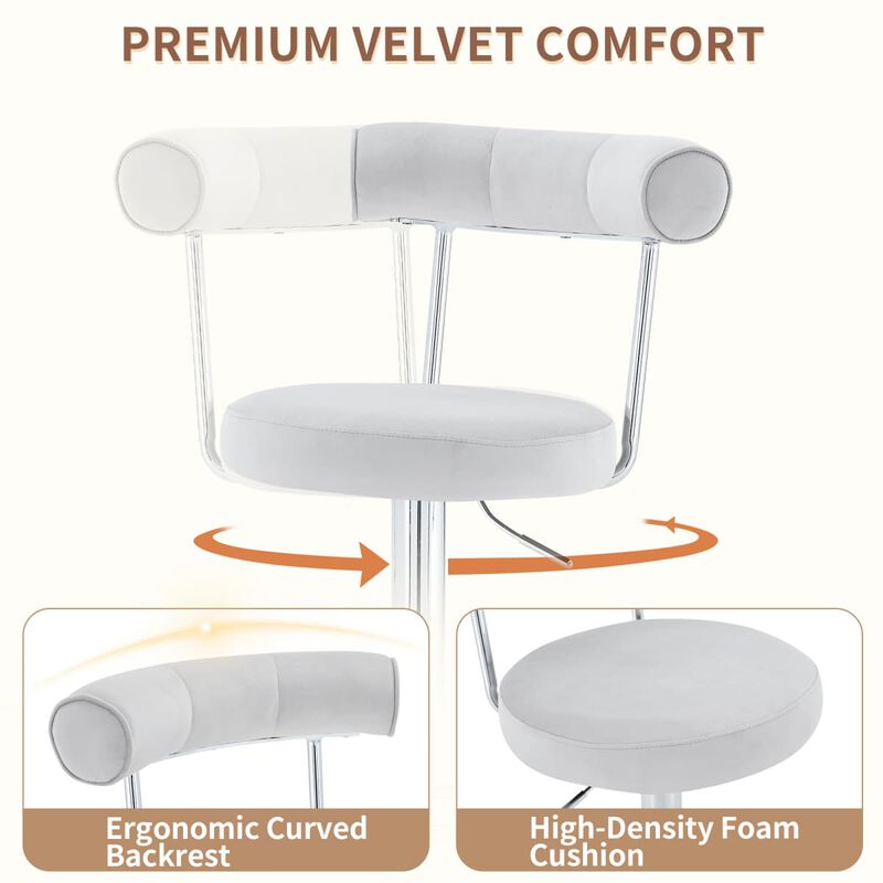 Set of 2 swivel bar stools, velvet upholstered adjustable height bar chair with open back, chrome base counter stools with footrest image number 4