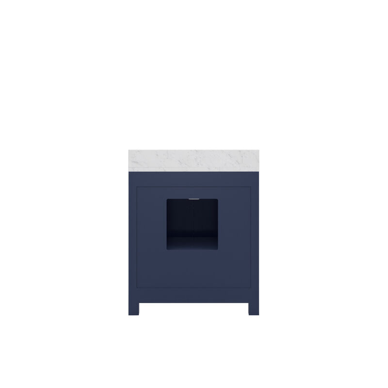 Madison 30 In. Single Sink Carrara White Marble Countertop Bath Vanity In Monarch Blue with Satin Gold Hardware