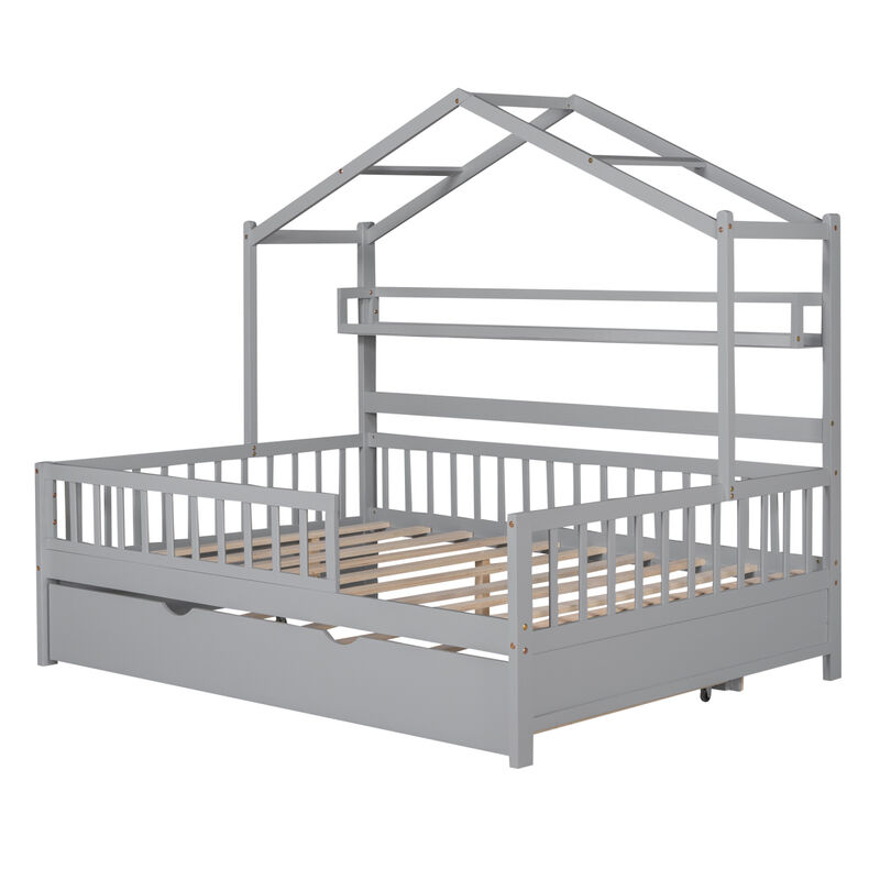 Streamdale Wooden Full Size House Bed With Twin Size Trundle, Kids Bed With Shelf