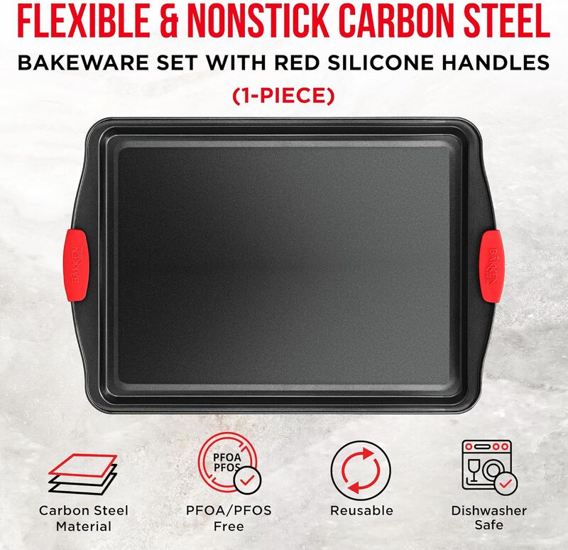 Nonstick Cookie Sheet Pan Carbon Steel Oven Tray Sheet Pan with Red Silicone Handles - Bakeware Pan Tray with Gray Coating Inside & Outside