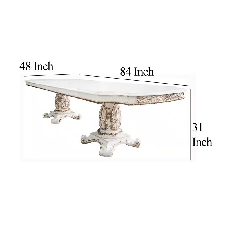 Antoine Dining Table, Double Pedestal, 84-120 Inch Antique Pearl White - Benzara